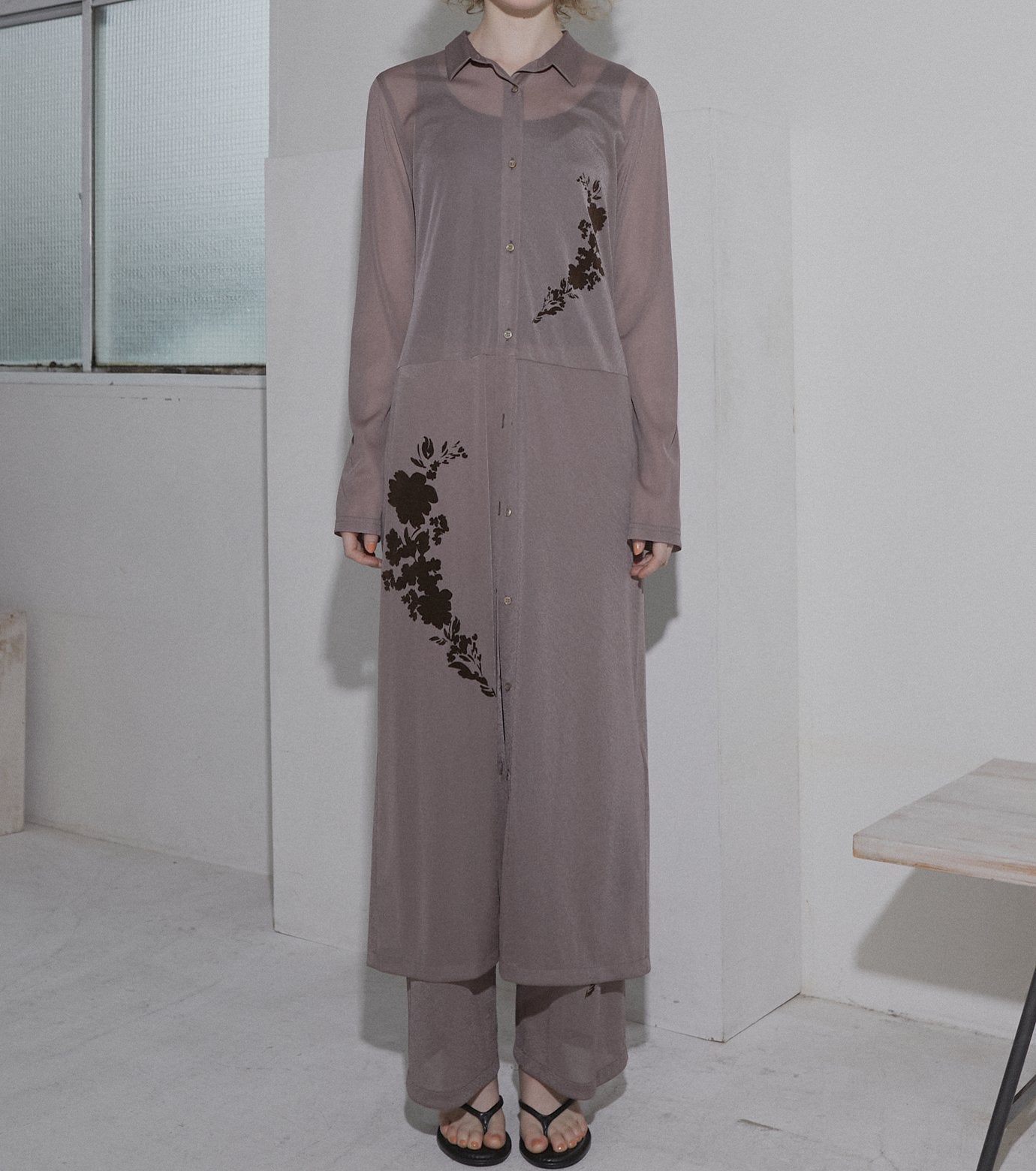 Sheer Shirt Dress w/Flocked Flower
