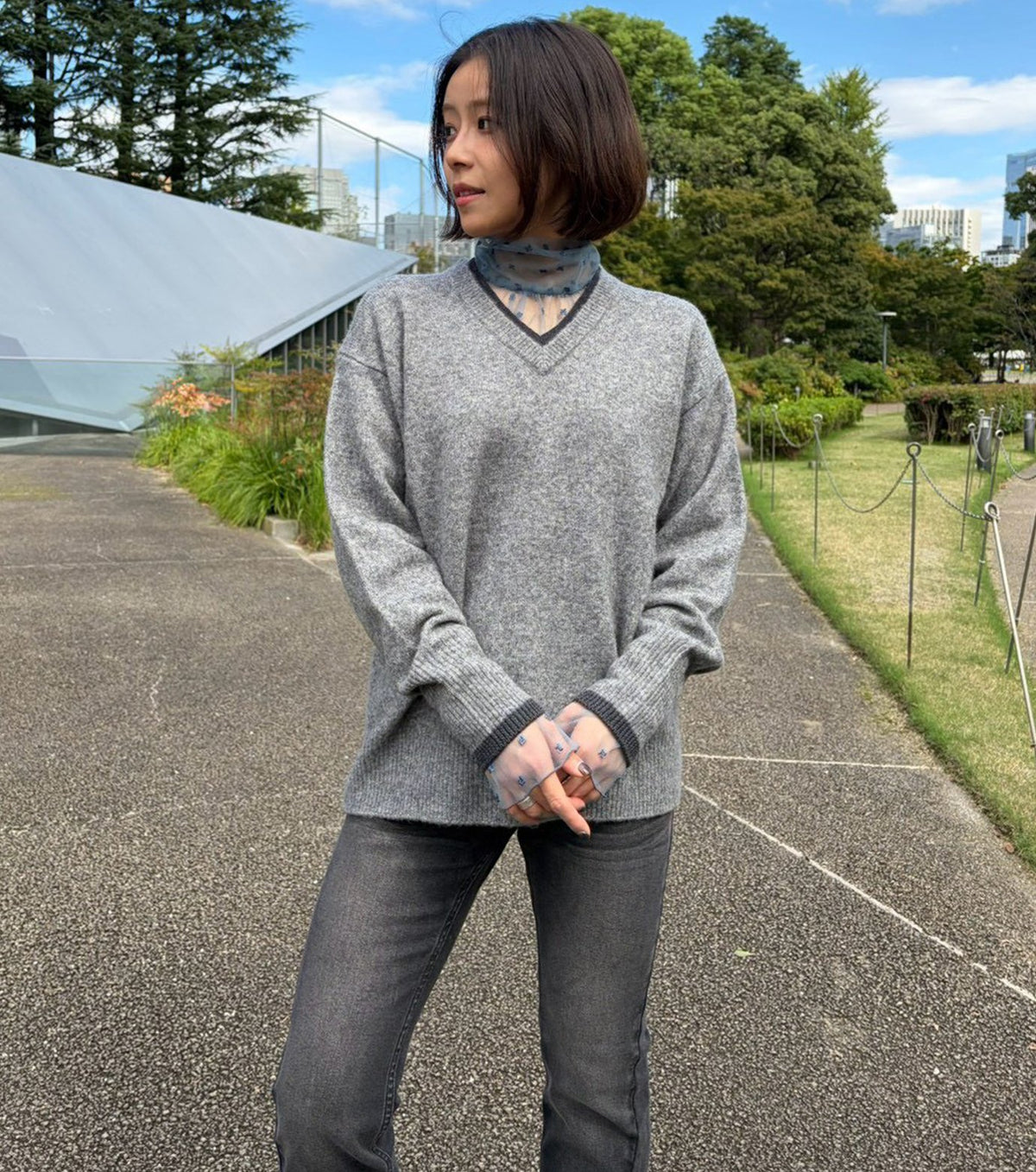 Contrast Collar V-Neck Pullover