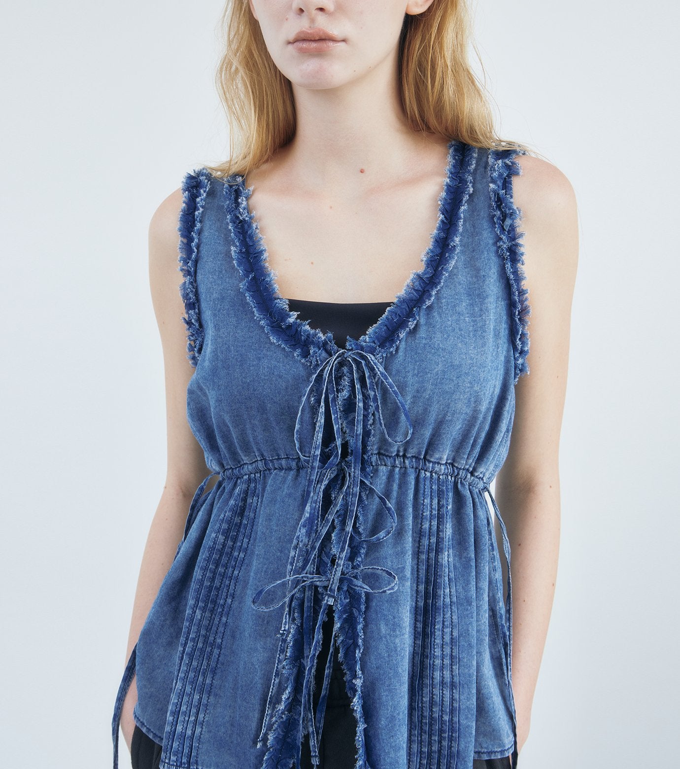 Washed Denim Frill Blouse