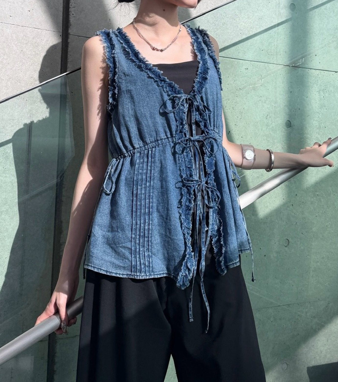 Washed Denim Frill Blouse