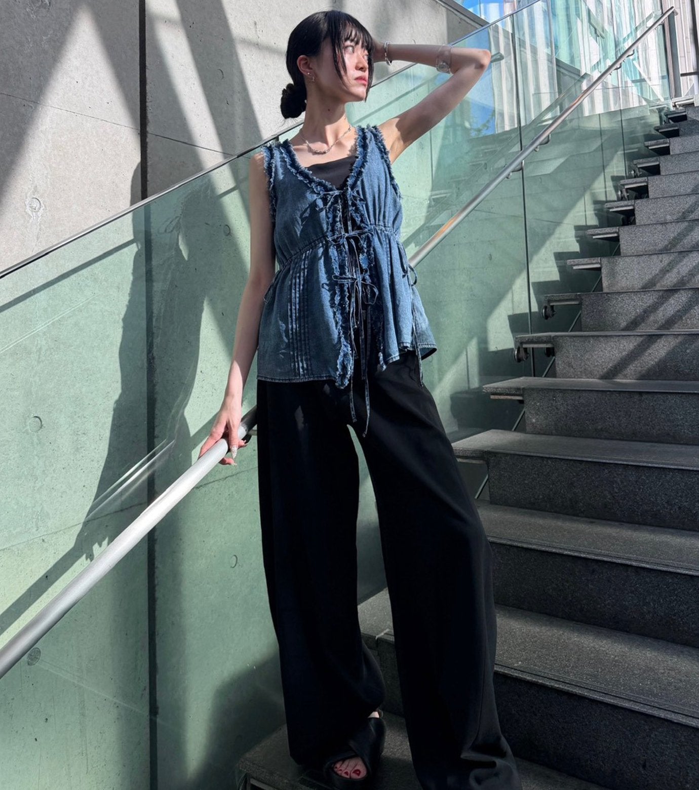 Washed Denim Frill Blouse