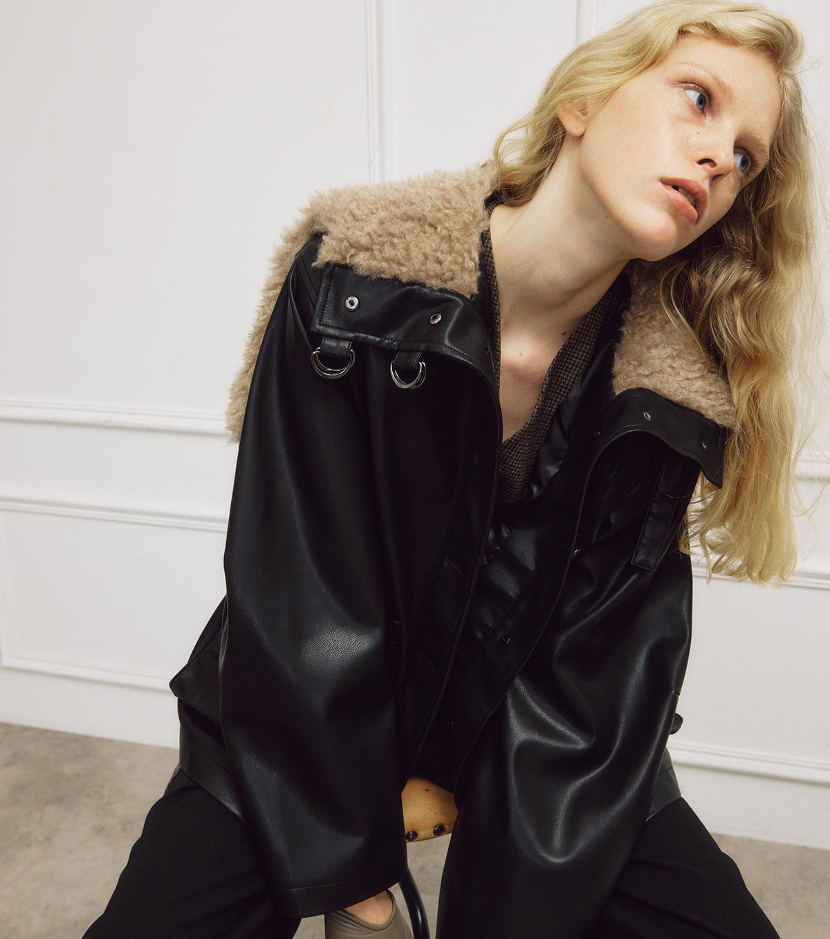 Faux Leather Shearling Collar Jacket