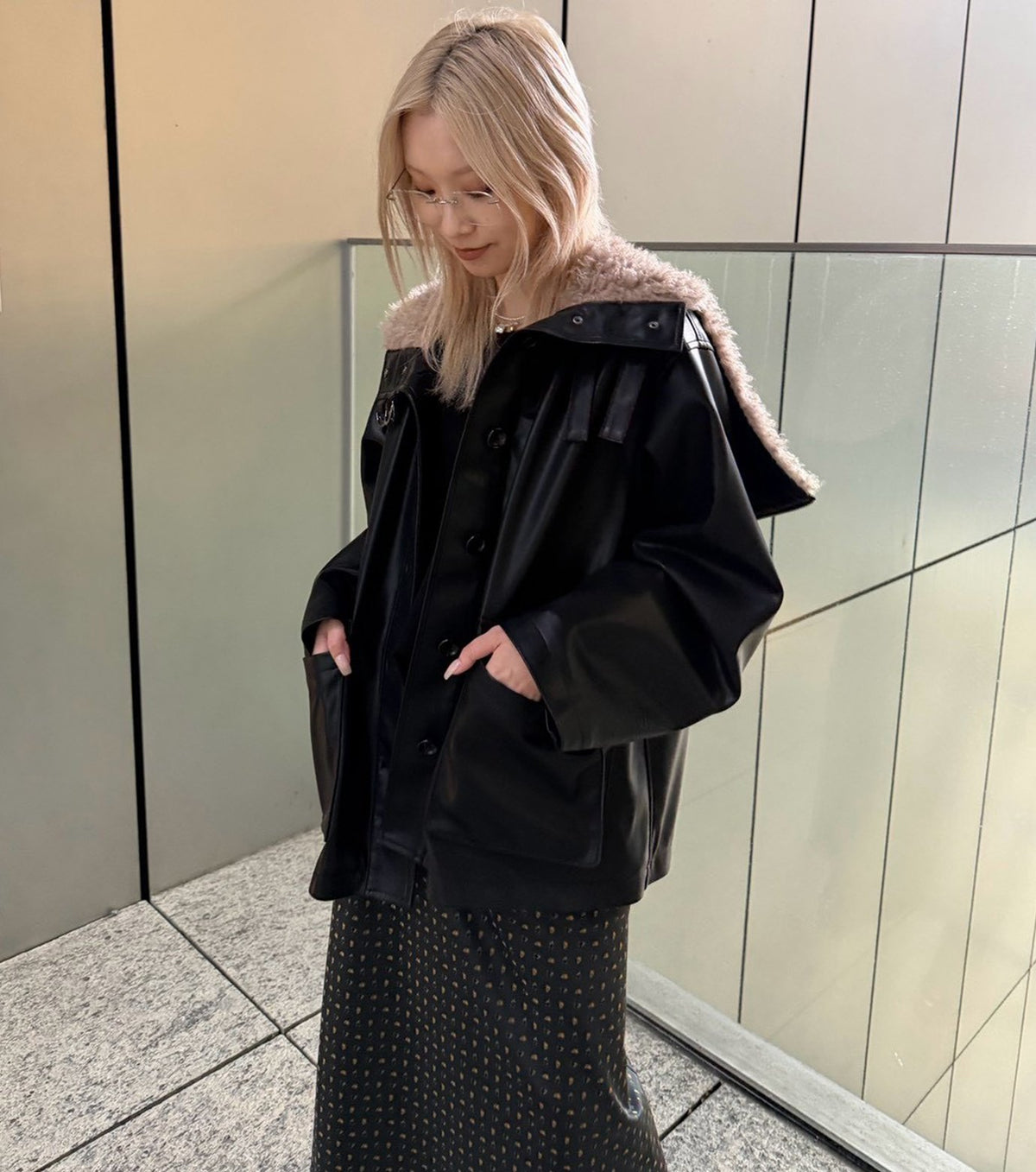 Faux Leather Shearling Collar Jacket