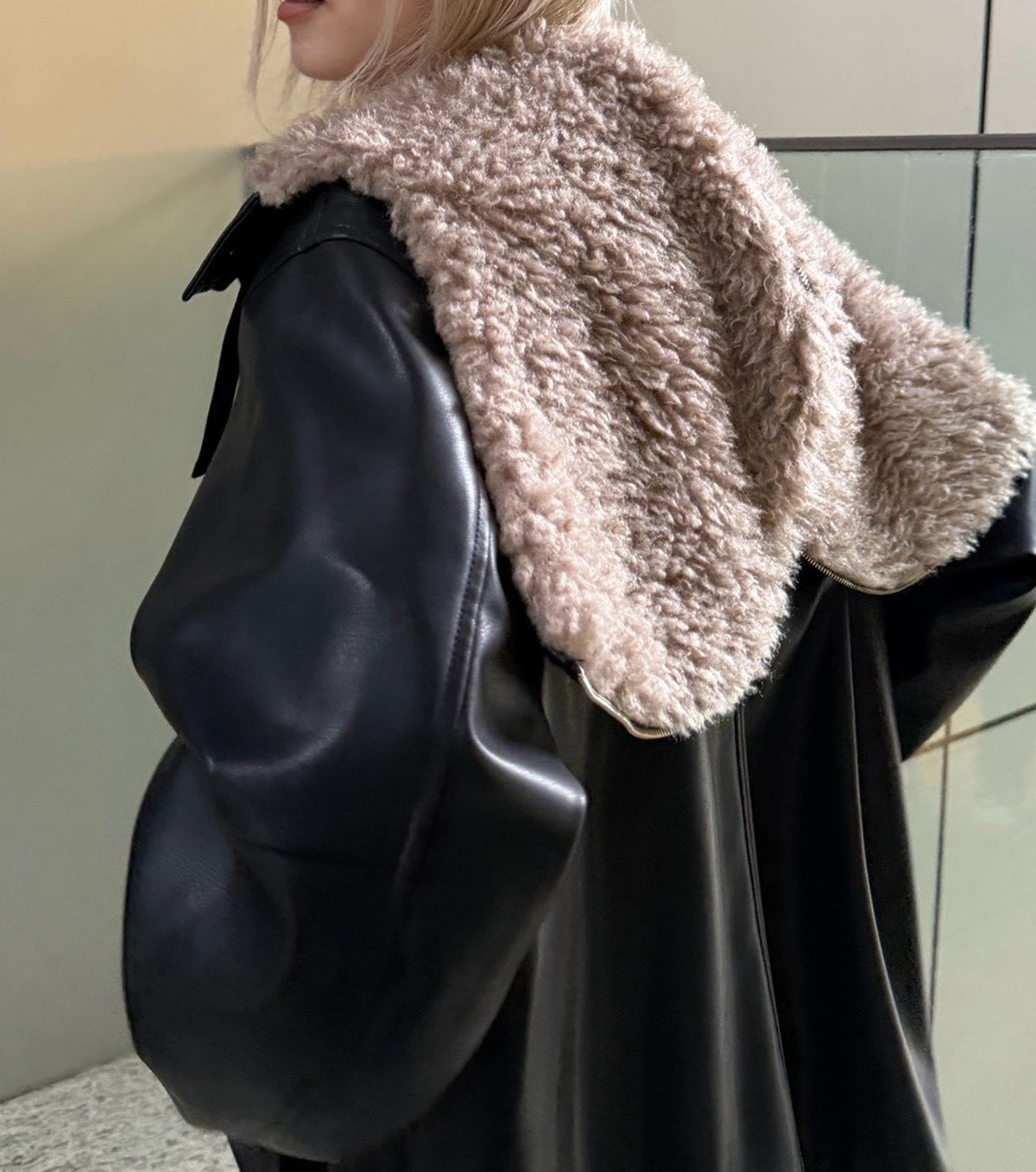 Faux Leather Shearling Collar Jacket