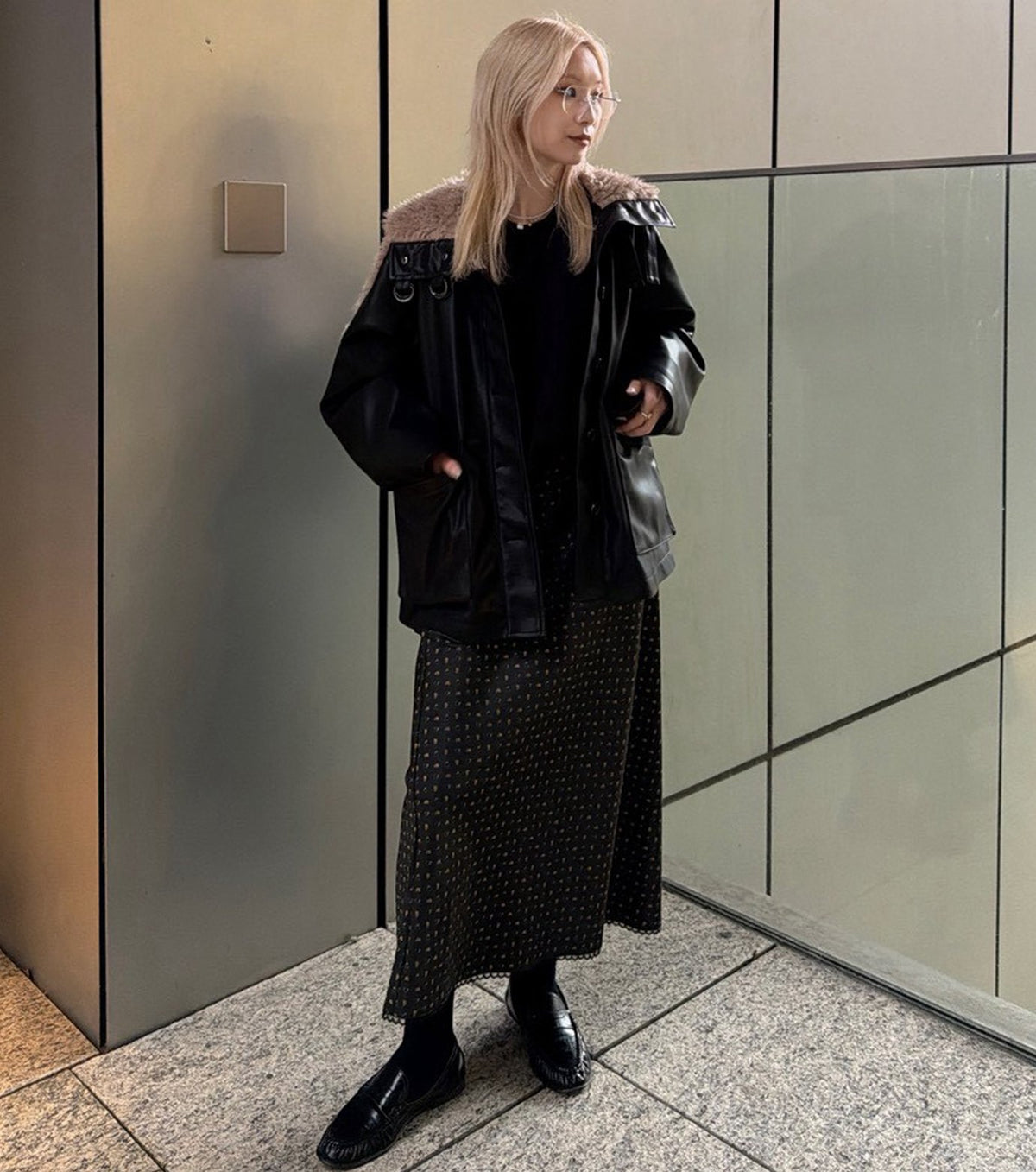 Faux Leather Shearling Collar Jacket