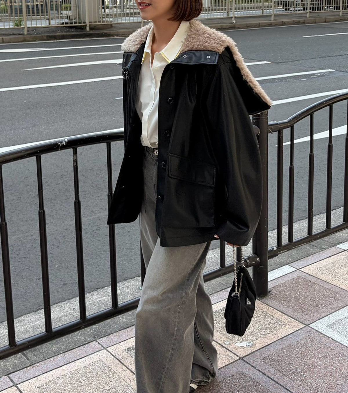 Faux Leather Shearling Collar Jacket
