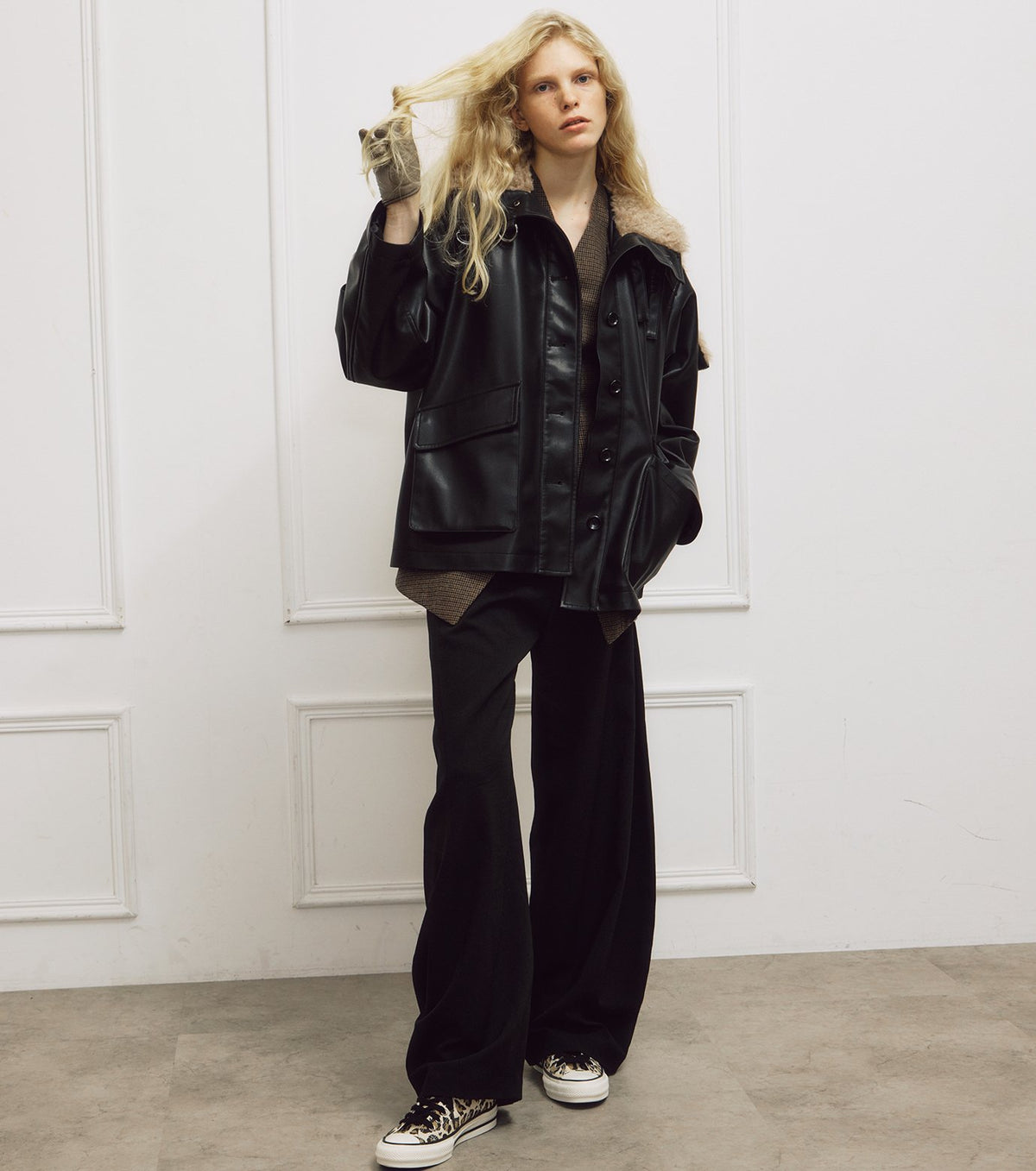 Faux Leather Shearling Collar Jacket