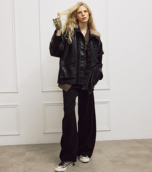 Faux Leather Shearling Collar Jacket