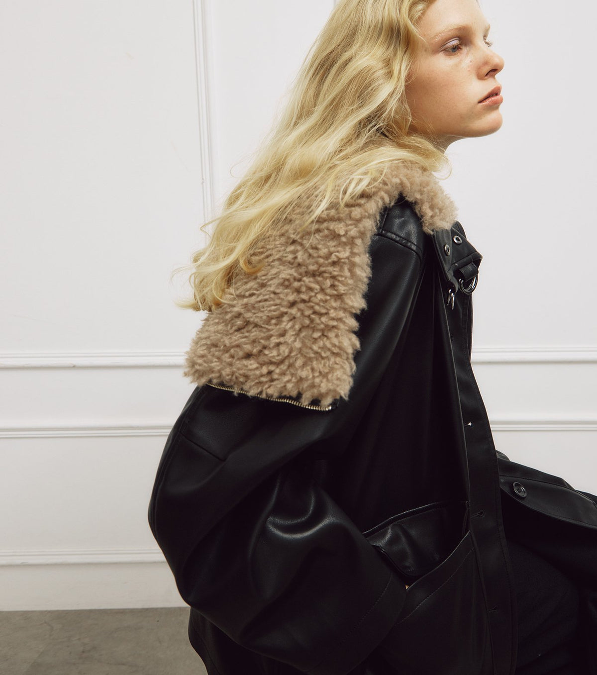 Faux Leather Shearling Collar Jacket