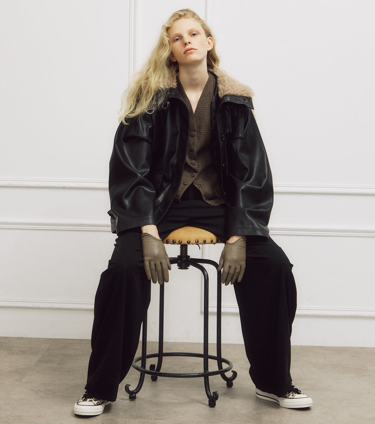 Faux Leather Shearling Collar Jacket