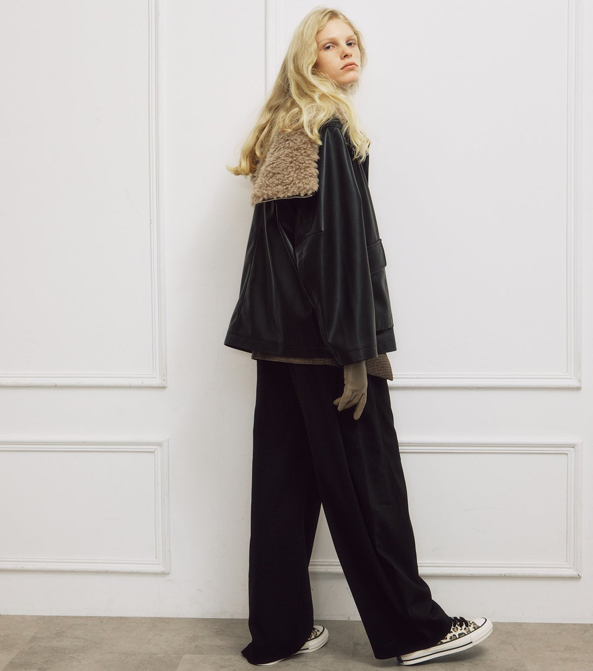 Faux Leather Shearling Collar Jacket