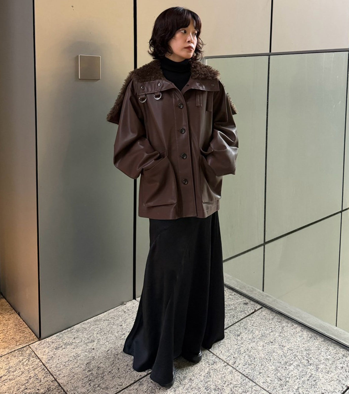 Faux Leather Shearling Collar Jacket
