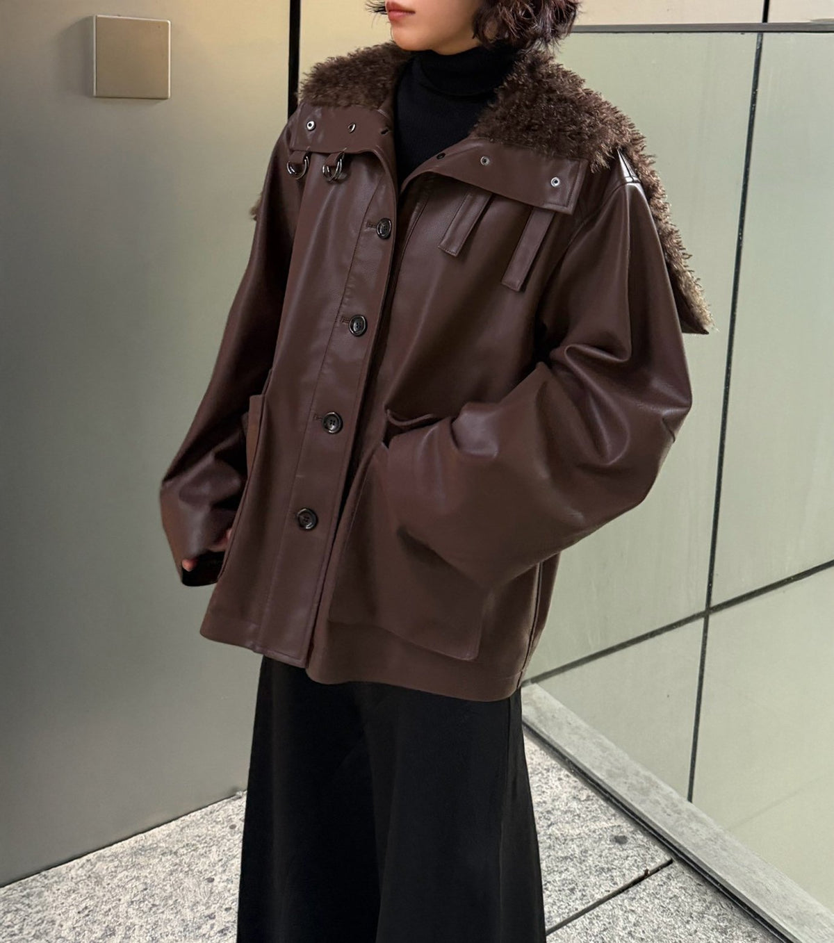 Faux Leather Shearling Collar Jacket