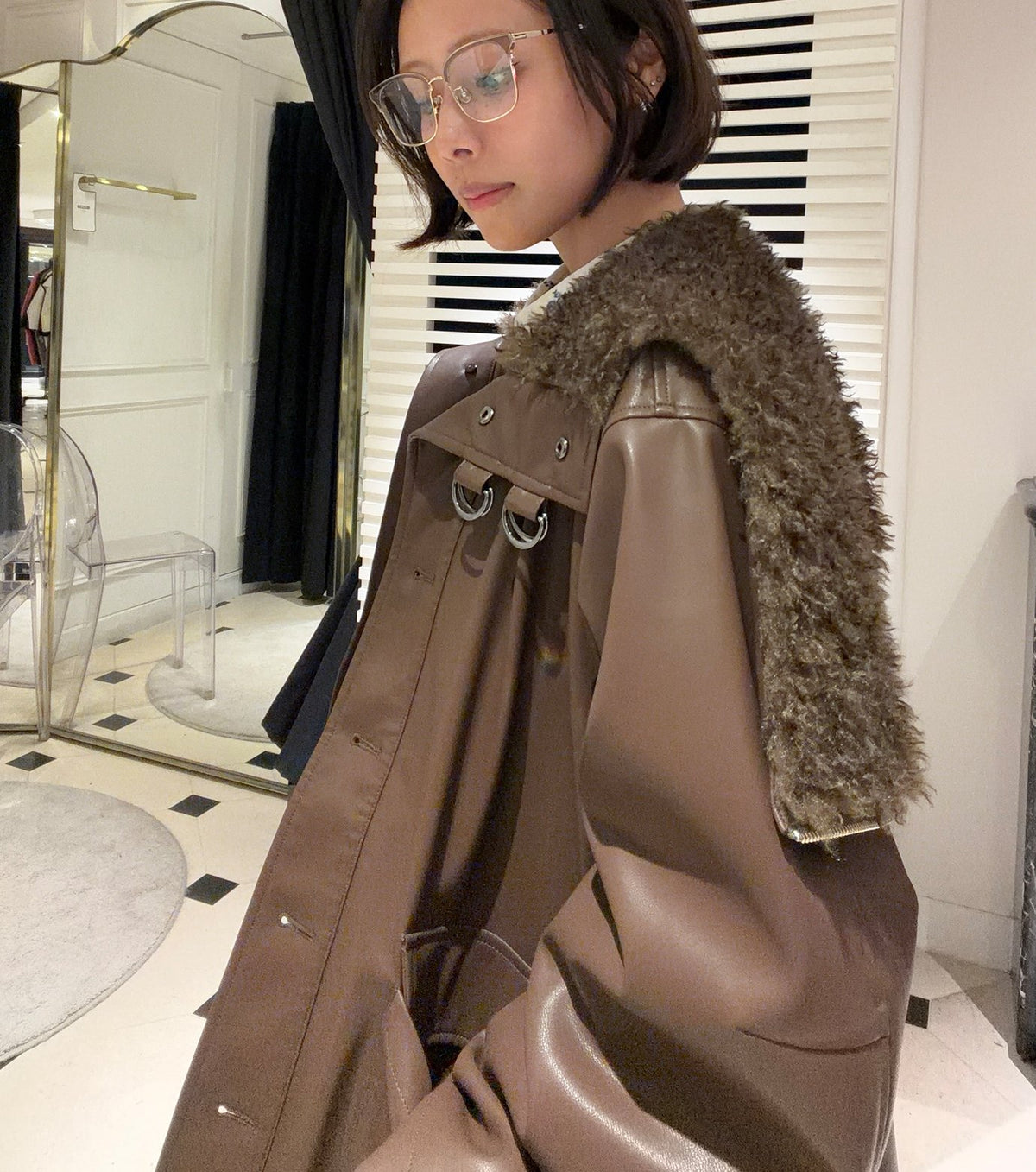 Faux Leather Shearling Collar Jacket