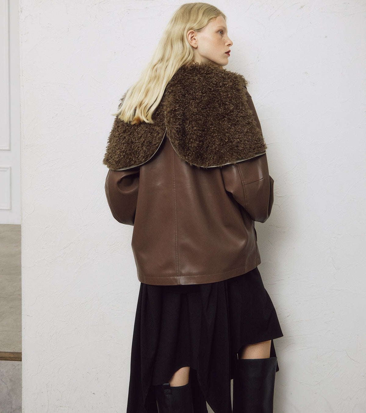 Faux Leather Shearling Collar Jacket
