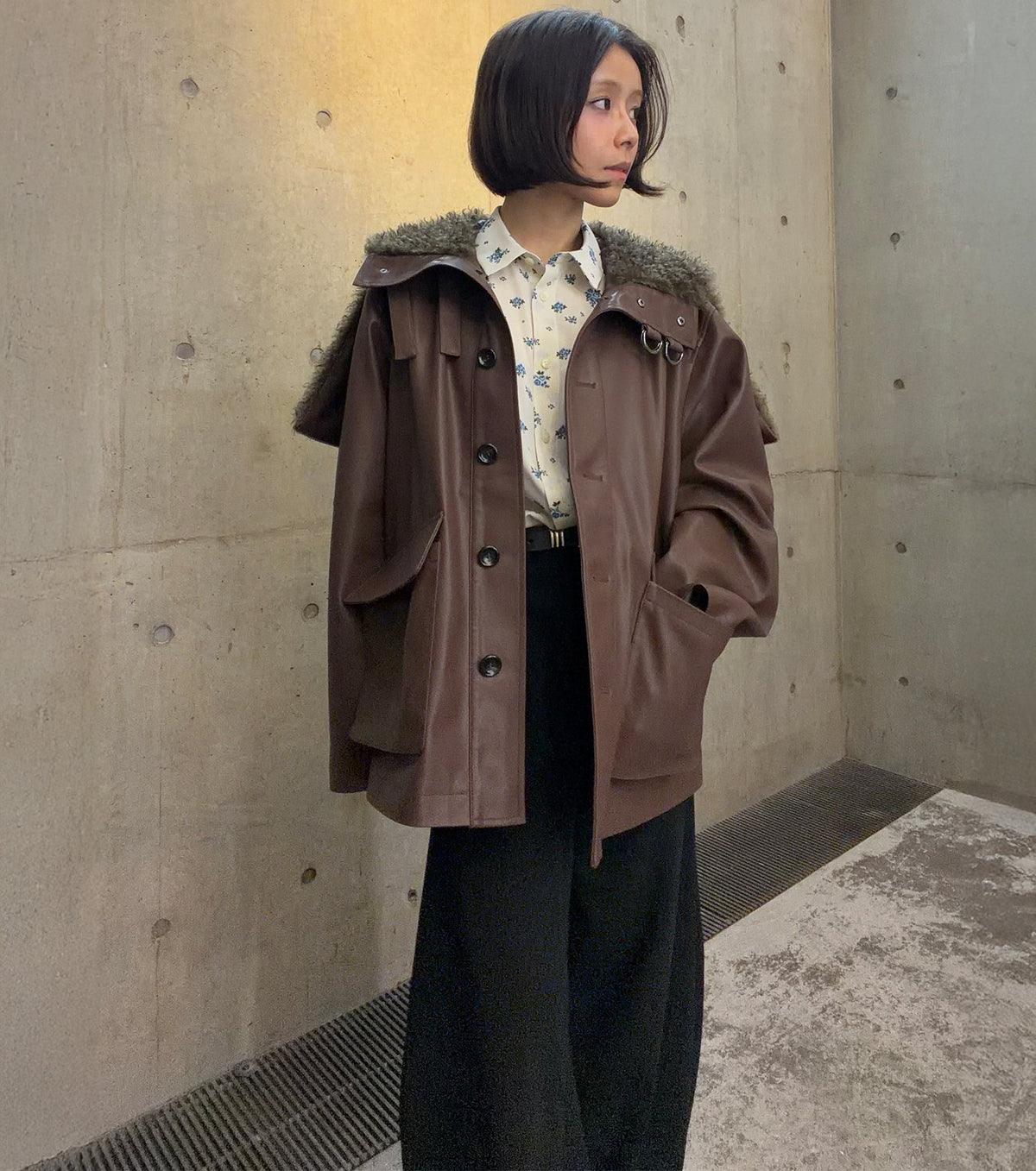 Faux Leather Shearling Collar Jacket