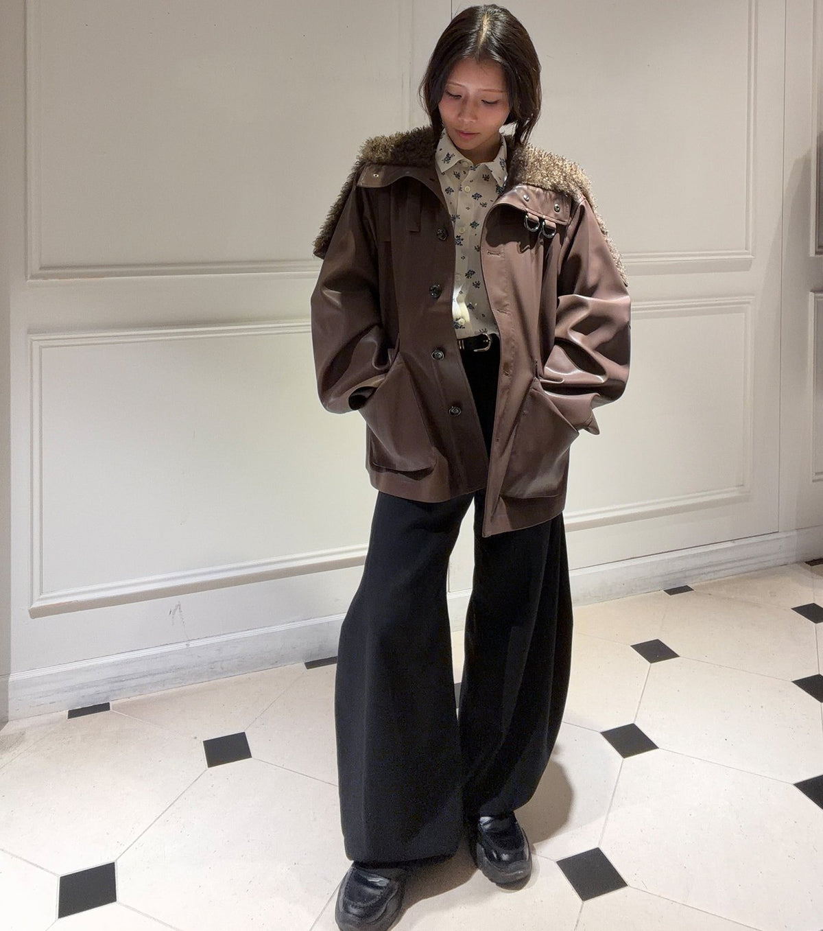Faux Leather Shearling Collar Jacket