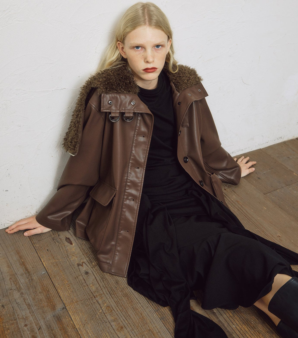 Faux Leather Shearling Collar Jacket
