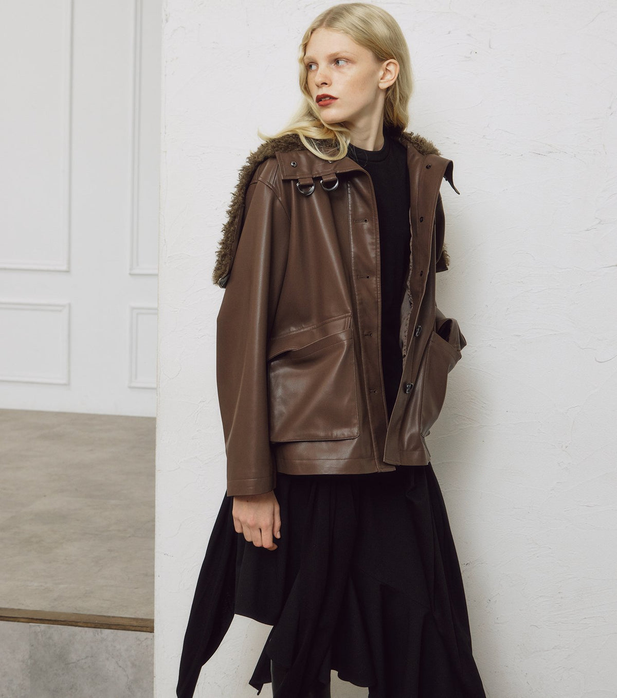 Faux Leather Shearling Collar Jacket