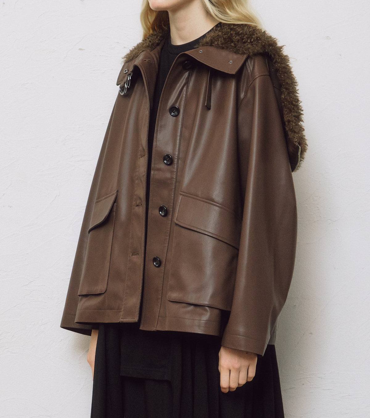 Faux Leather Shearling Collar Jacket