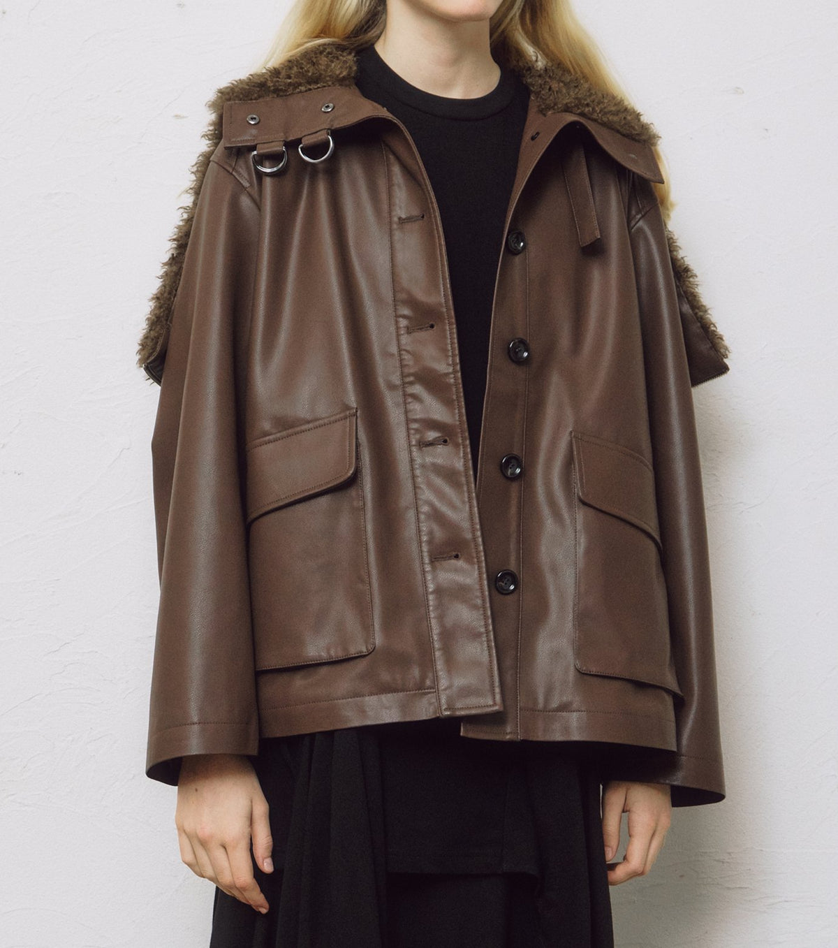 Faux Leather Shearling Collar Jacket