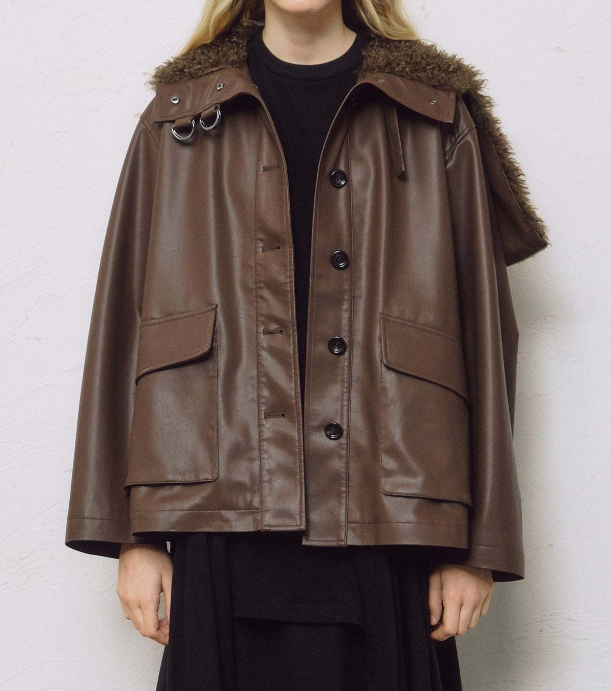 Faux Leather Shearling Collar Jacket