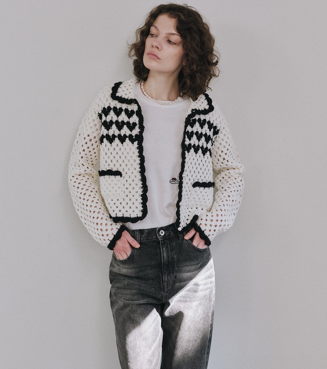 Heart-Motif Crochet Knit Jacket