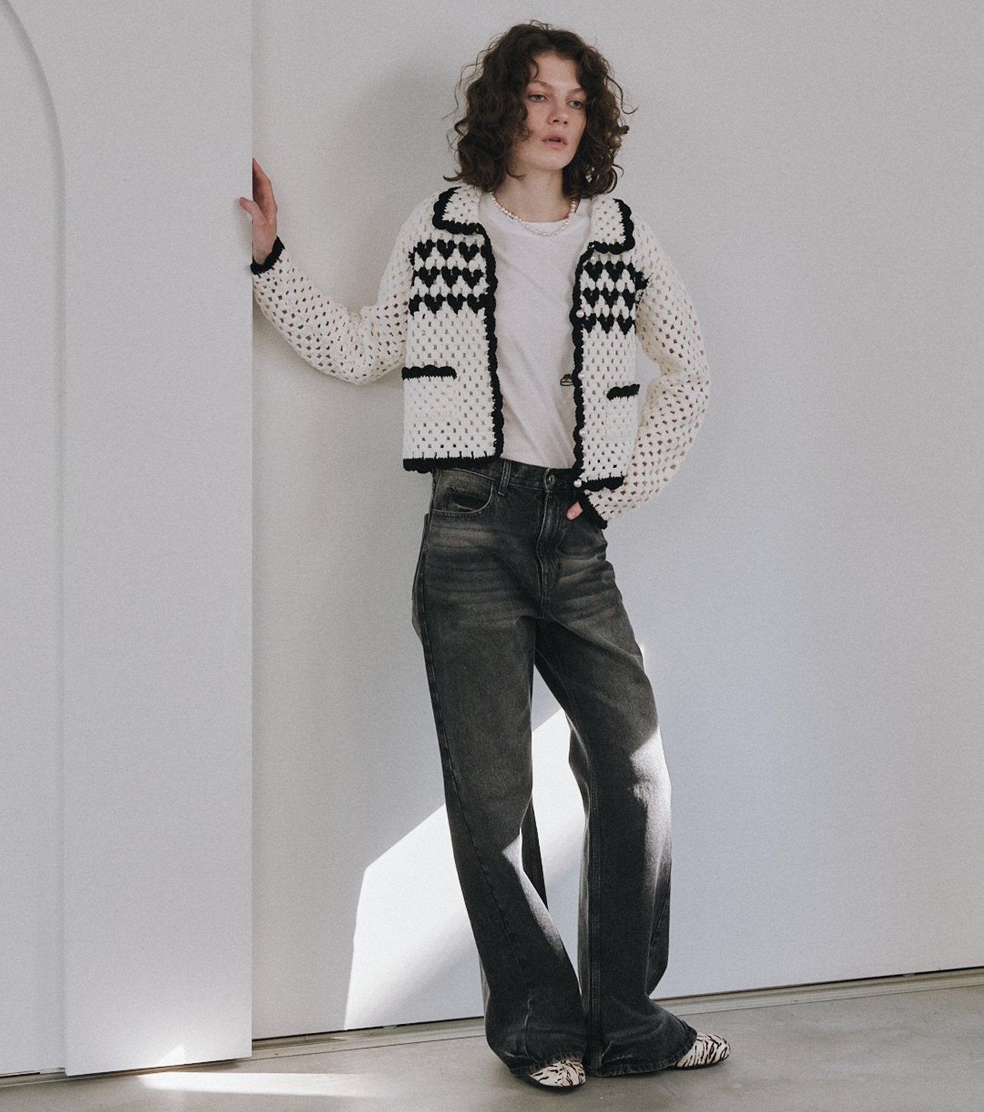 Heart-Motif Crochet Knit Jacket