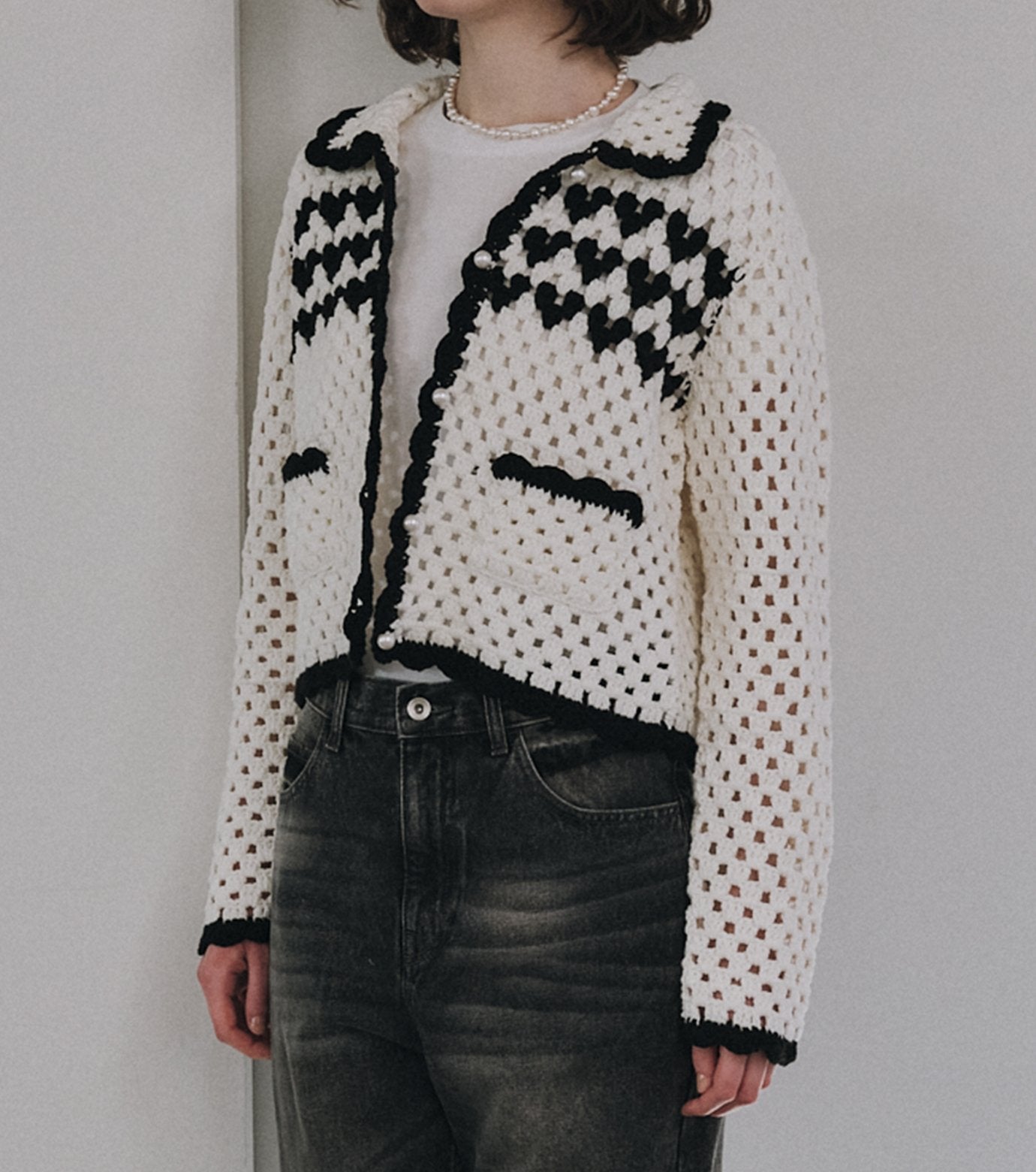 Heart-Motif Crochet Knit Jacket