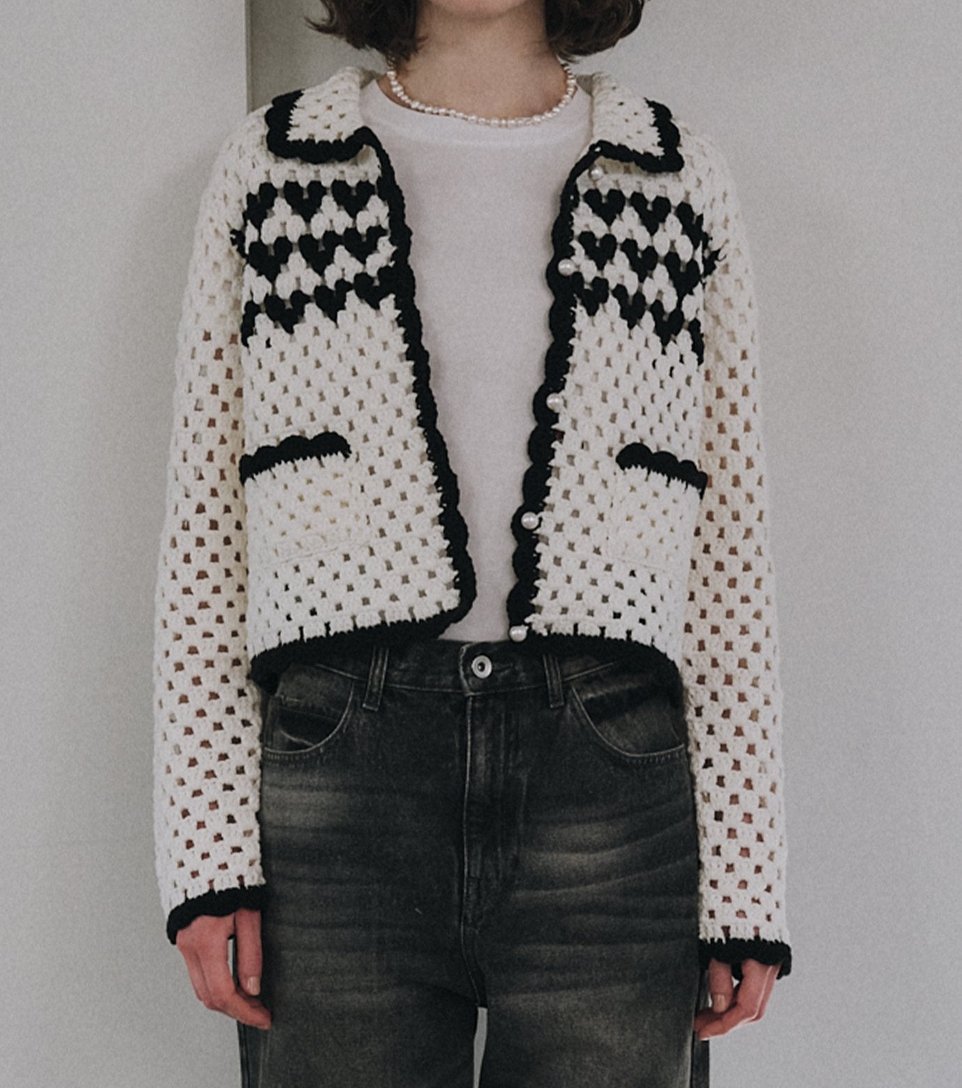 Heart-Motif Crochet Knit Jacket