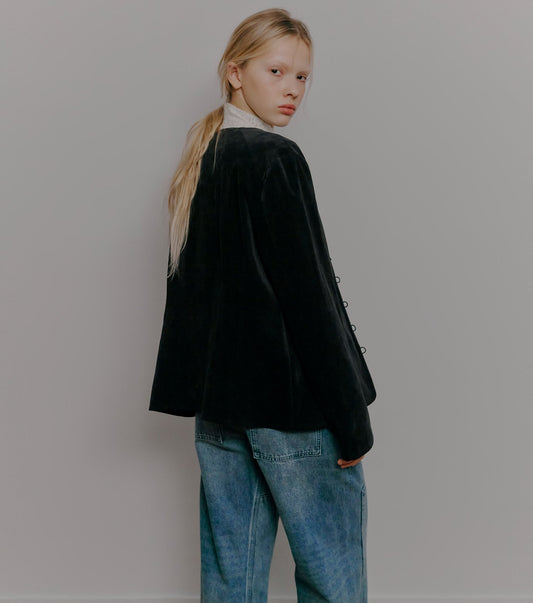 Velvet Shirt Jacket w/Pearl Button