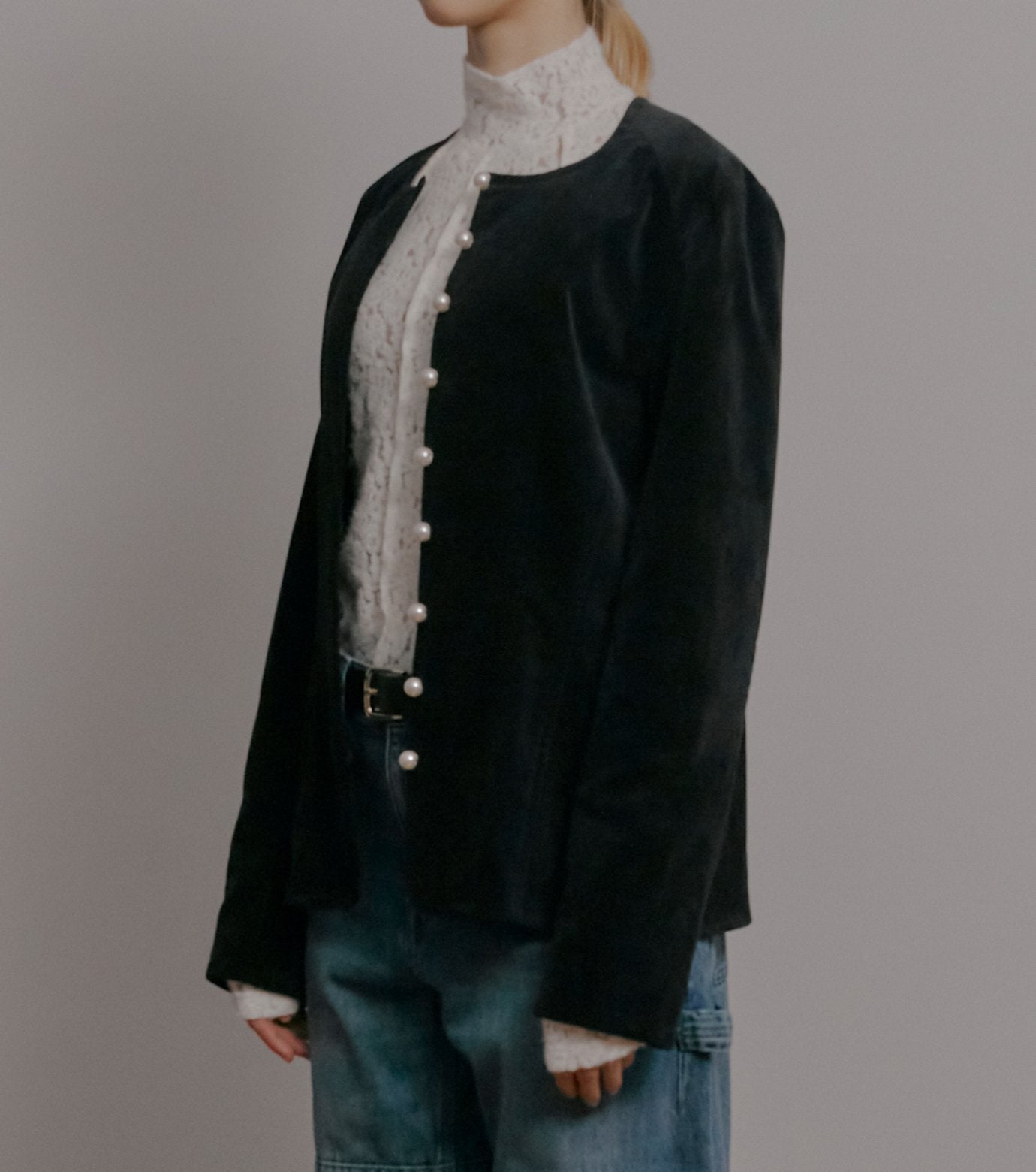 Velvet Shirt Jacket w/Pearl Button