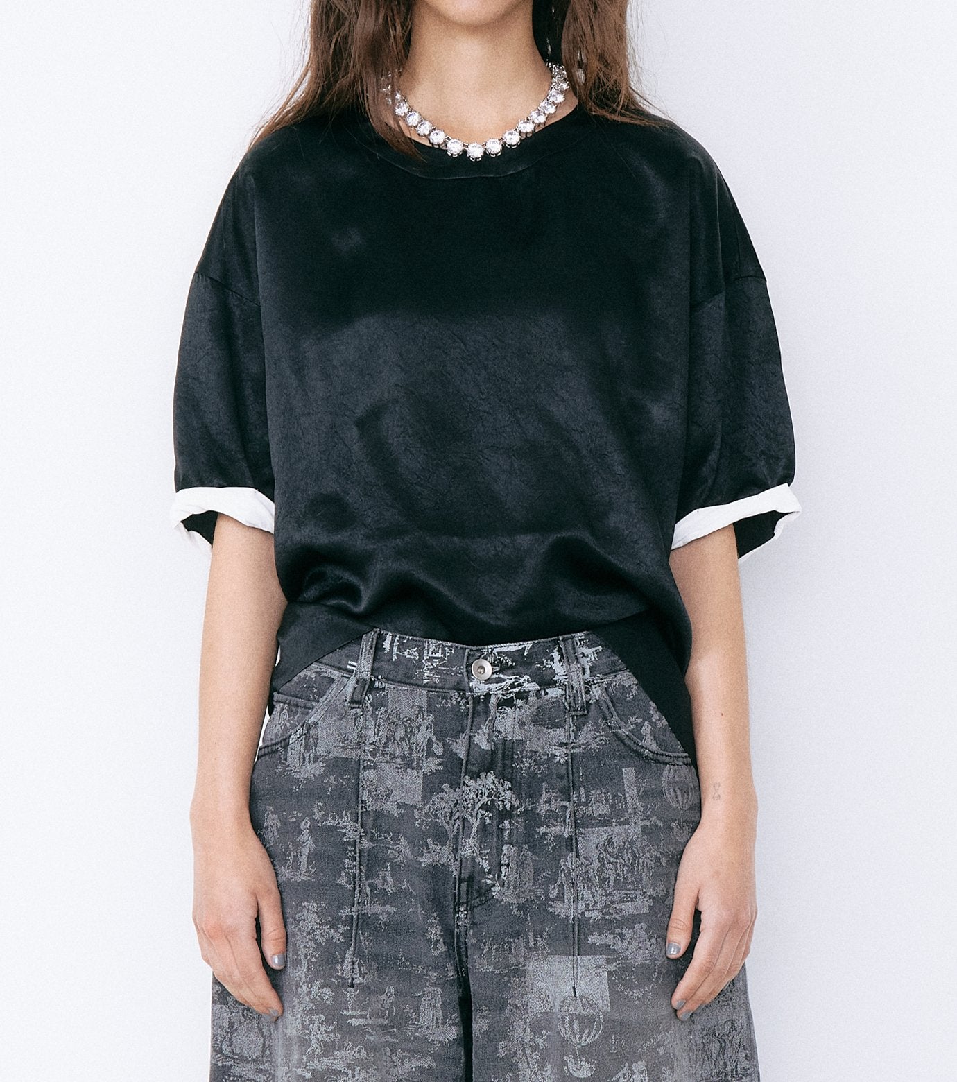 Satin Roll-Up Sleeve Top