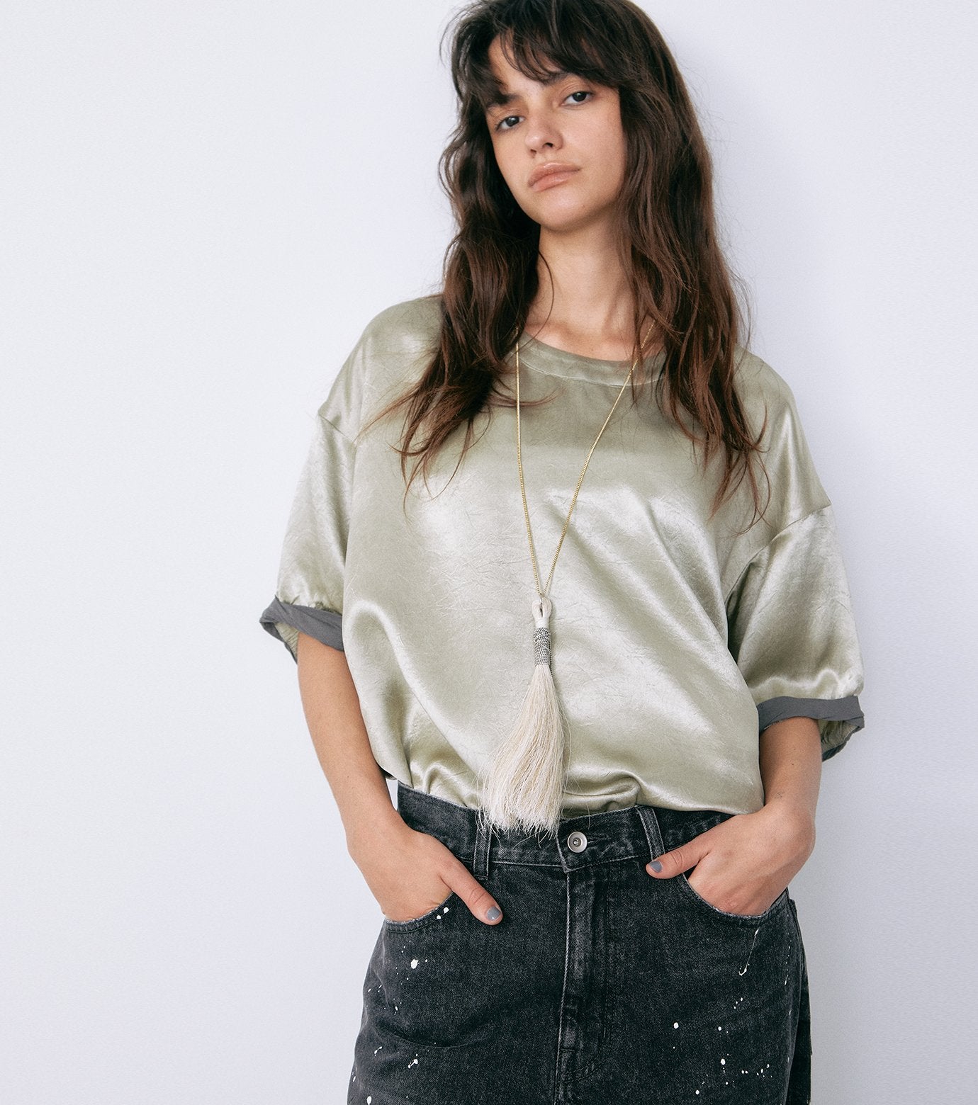 Satin Roll-Up Sleeve Top