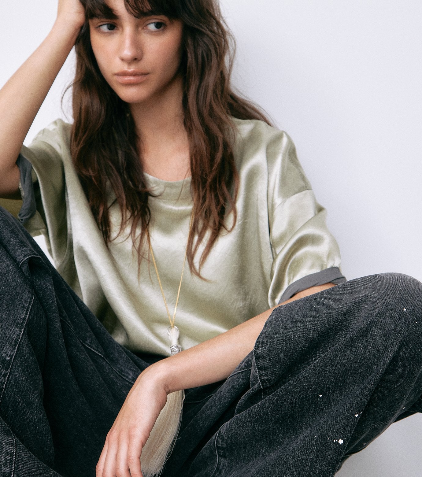 Satin Roll-Up Sleeve Top