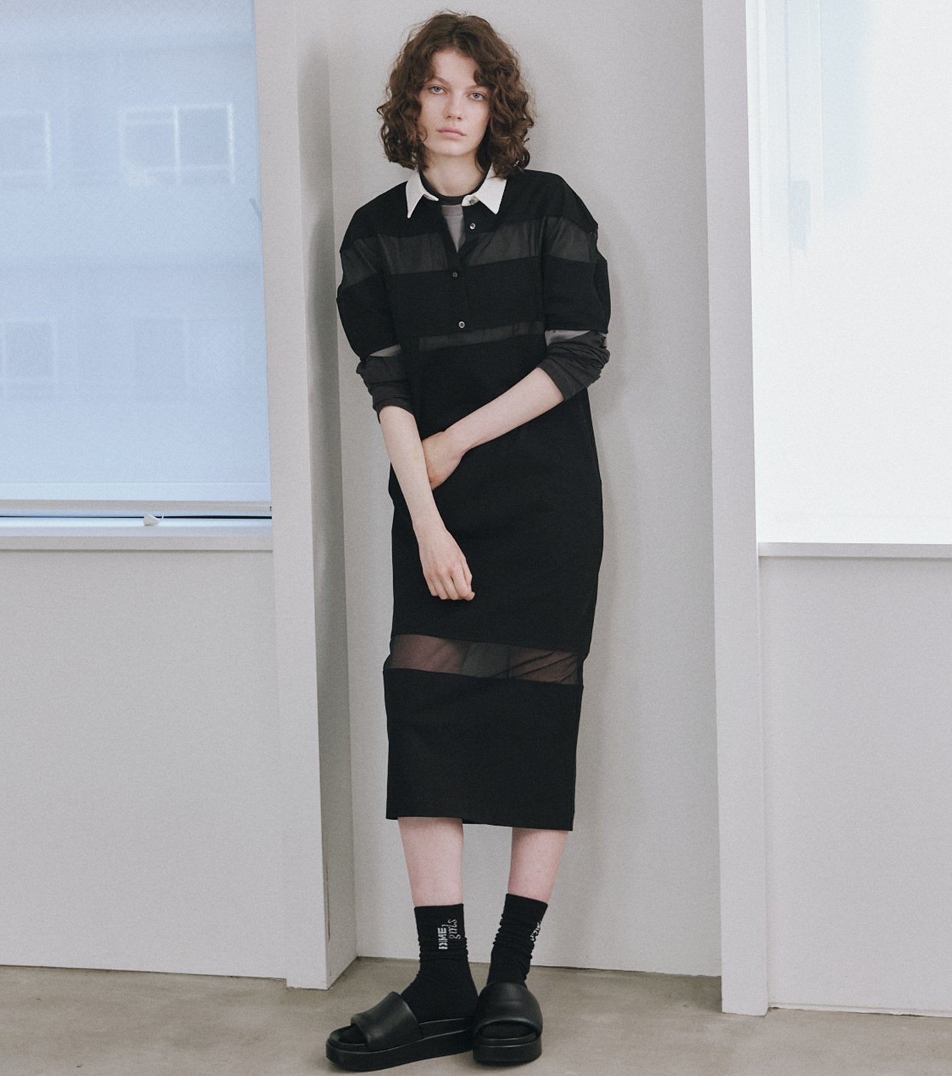 Sheer Detail Rugby Shirt Dress