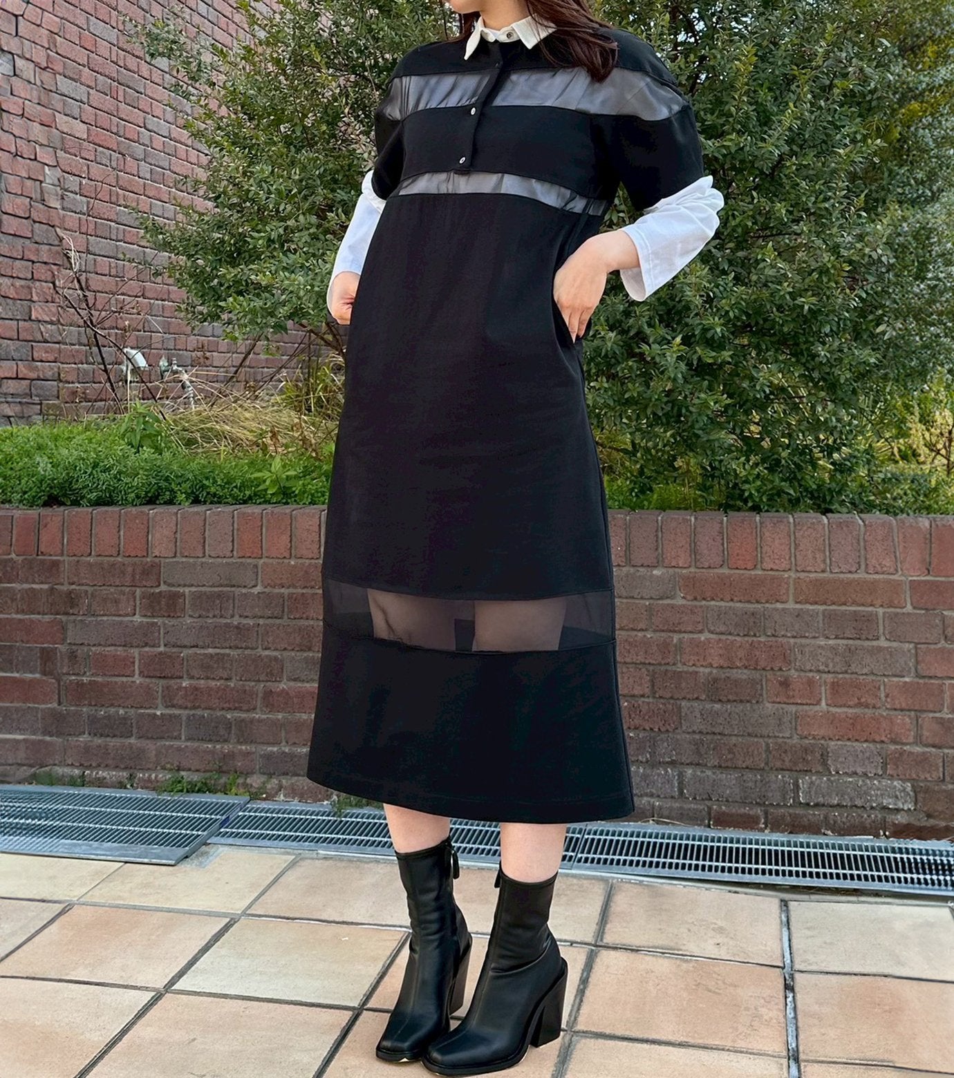 Sheer Detail Rugby Shirt Dress