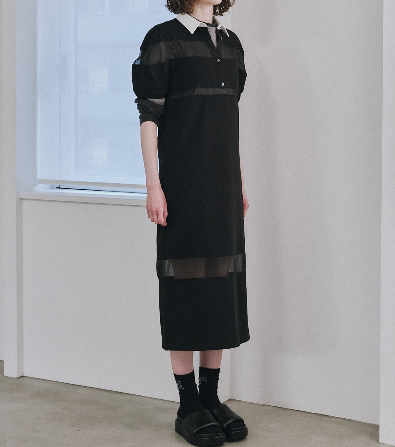 Sheer Detail Rugby Shirt Dress