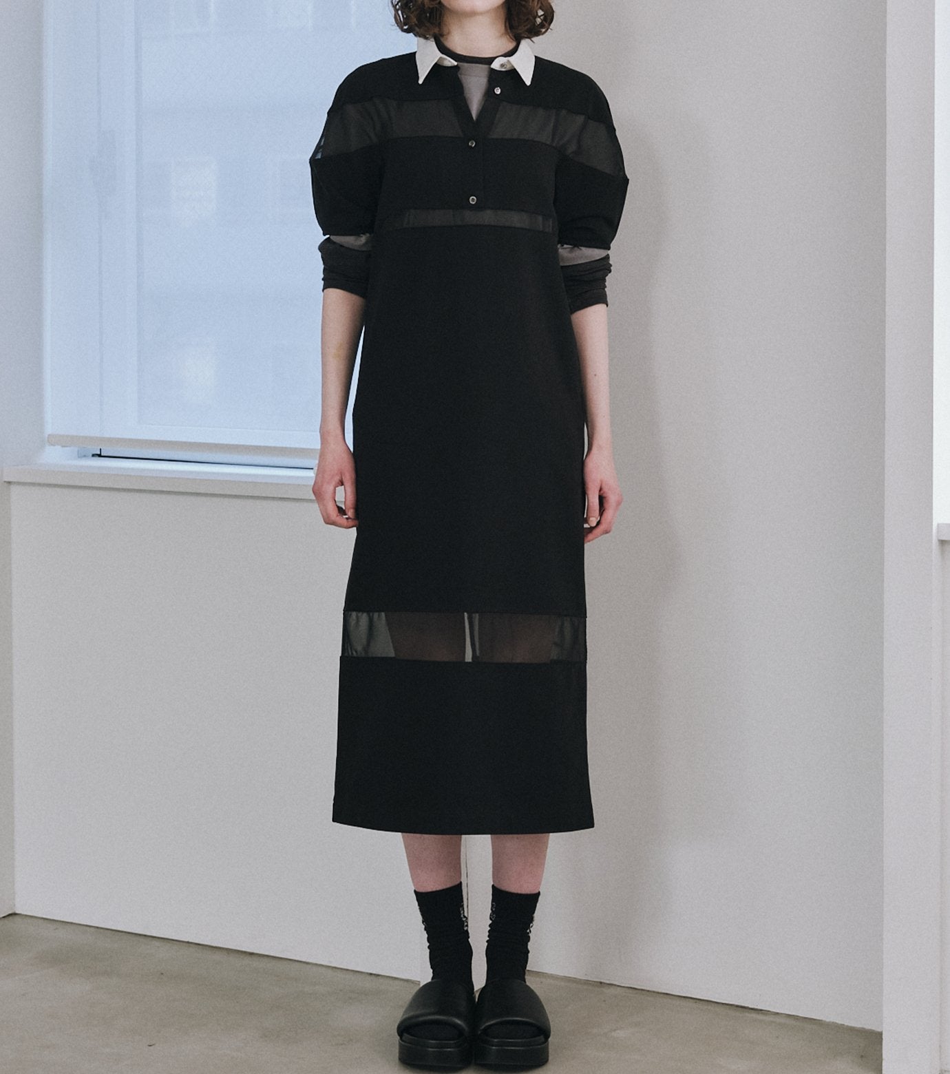 Sheer Detail Rugby Shirt Dress