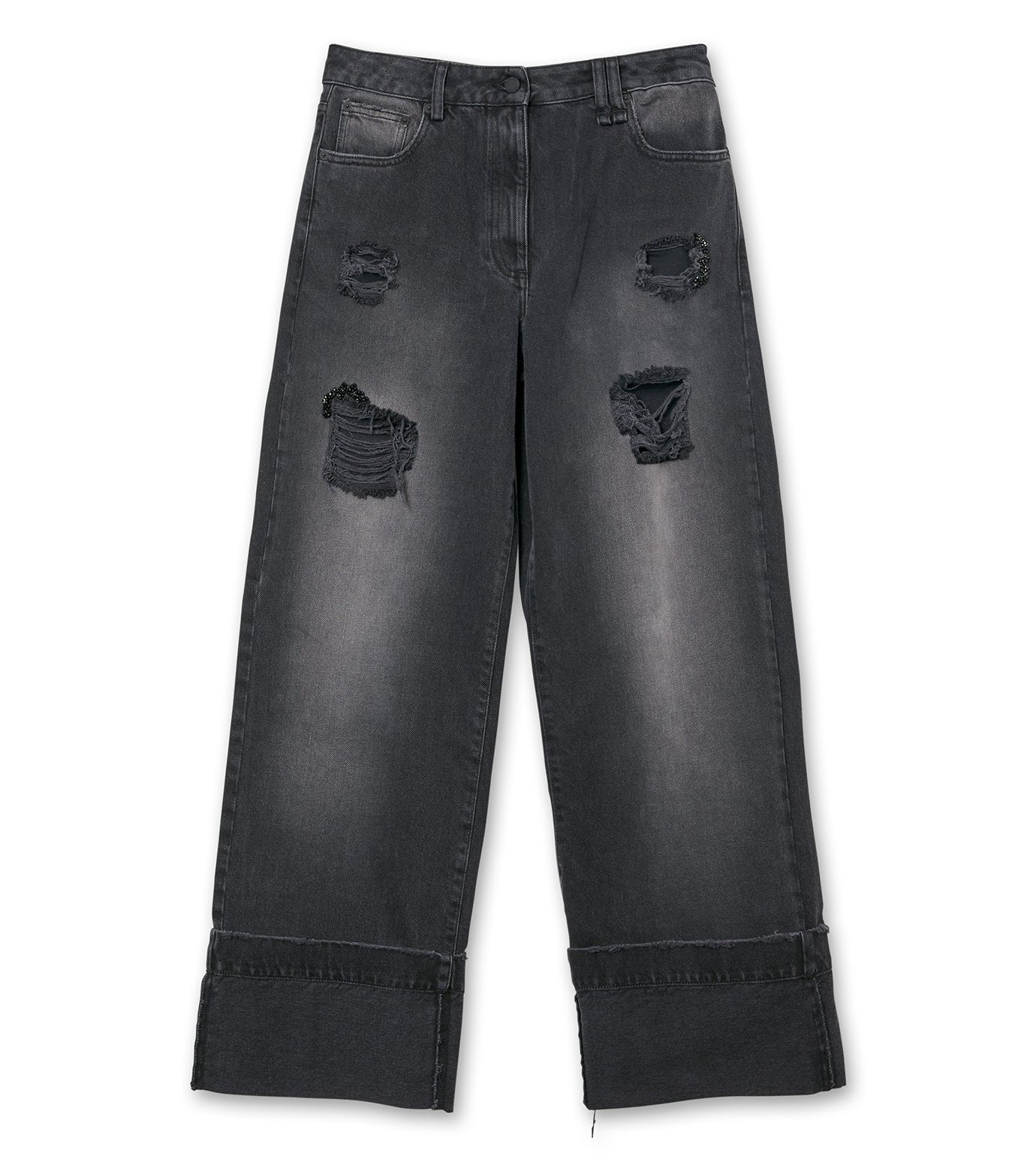 Distressed Straight Leg Jeans w/Emb