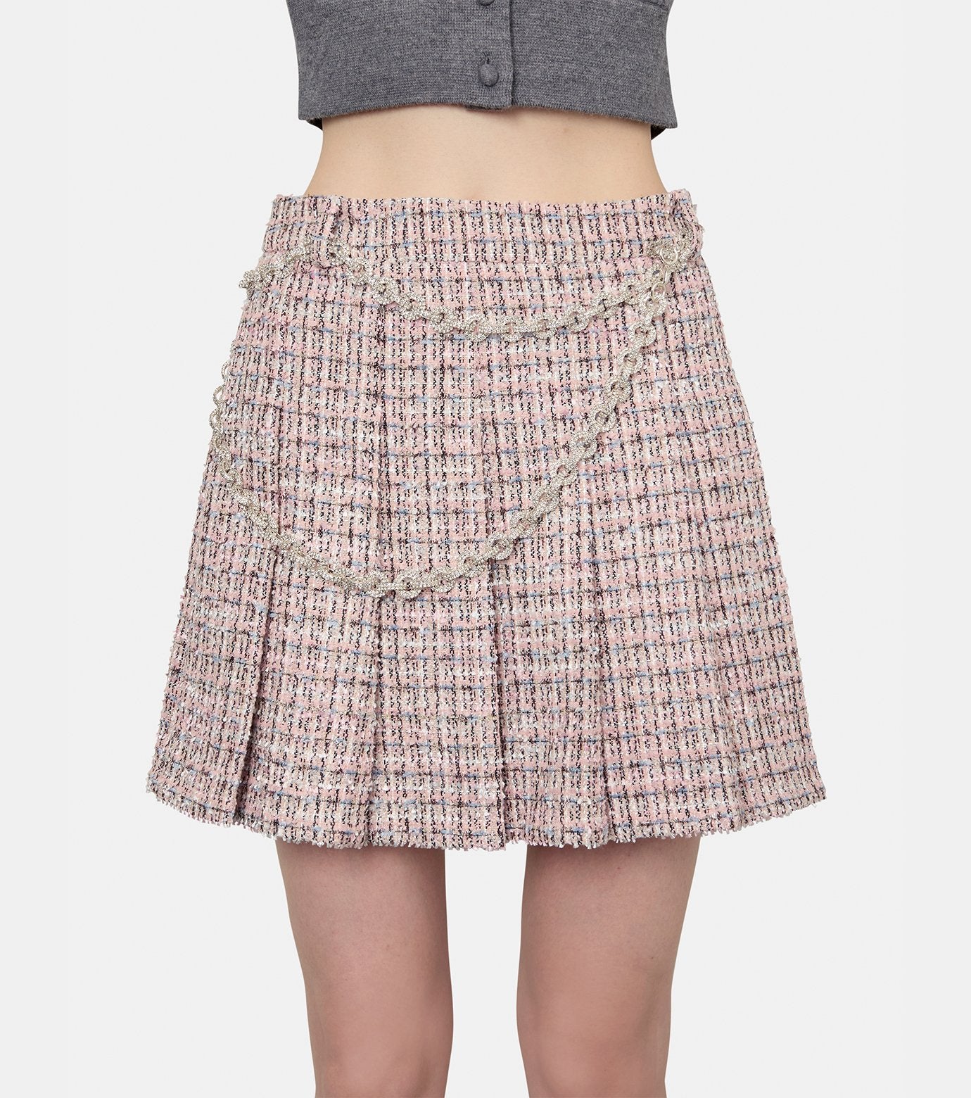 Pink Boucle Crystal Belt Mini Skirt