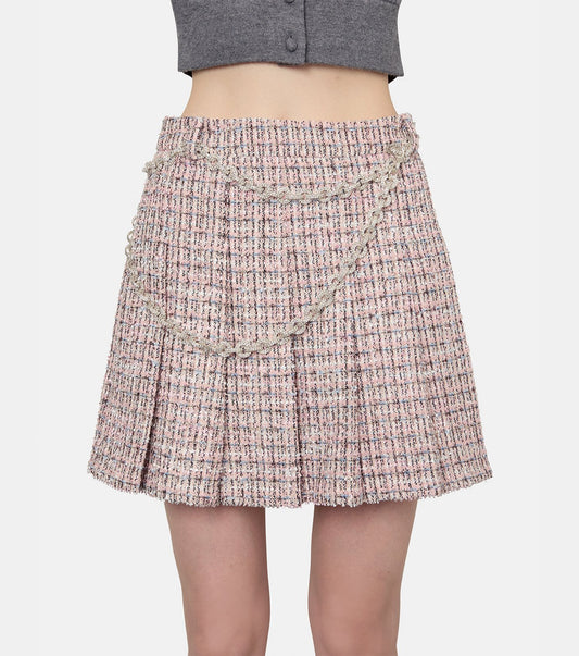 Pink Boucle Crystal Belt Mini Skirt