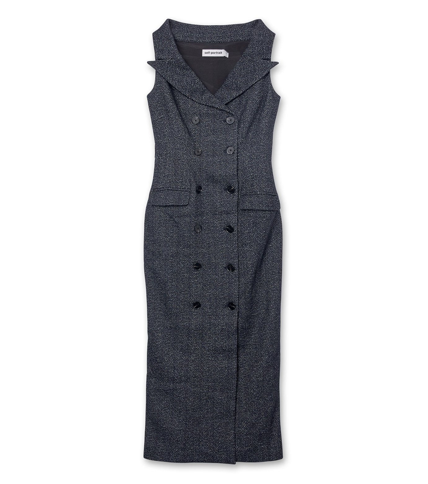 Grey Herringbone Wool Midi Dress