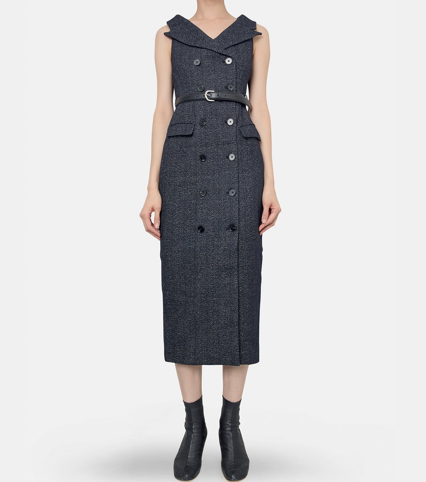 Grey Herringbone Wool Midi Dress