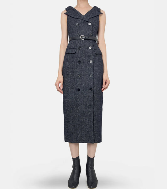 Grey Herringbone Wool Midi Dress