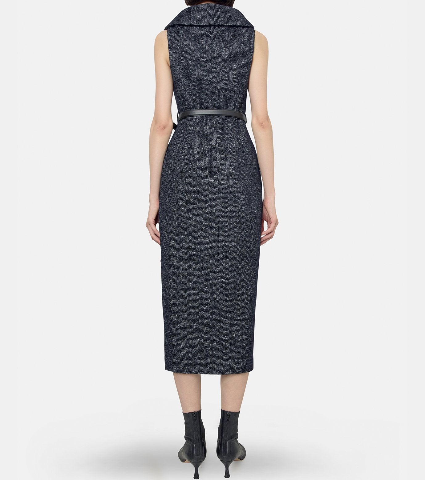 Grey Herringbone Wool Midi Dress