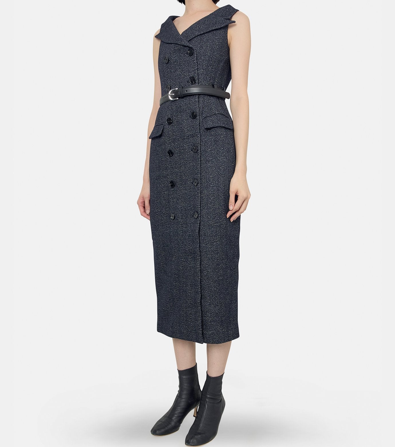 Grey Herringbone Wool Midi Dress