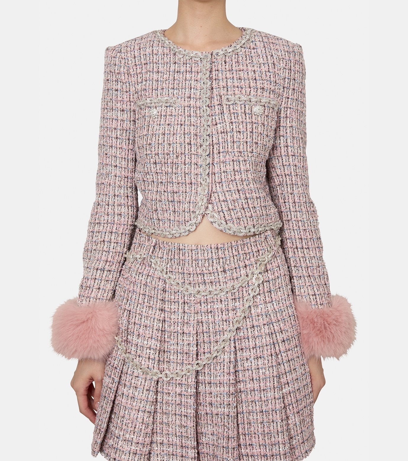 Pink Boucle Fur Cuff Jacket