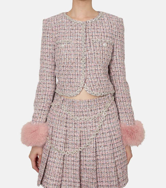 Pink Boucle Fur Cuff Jacket