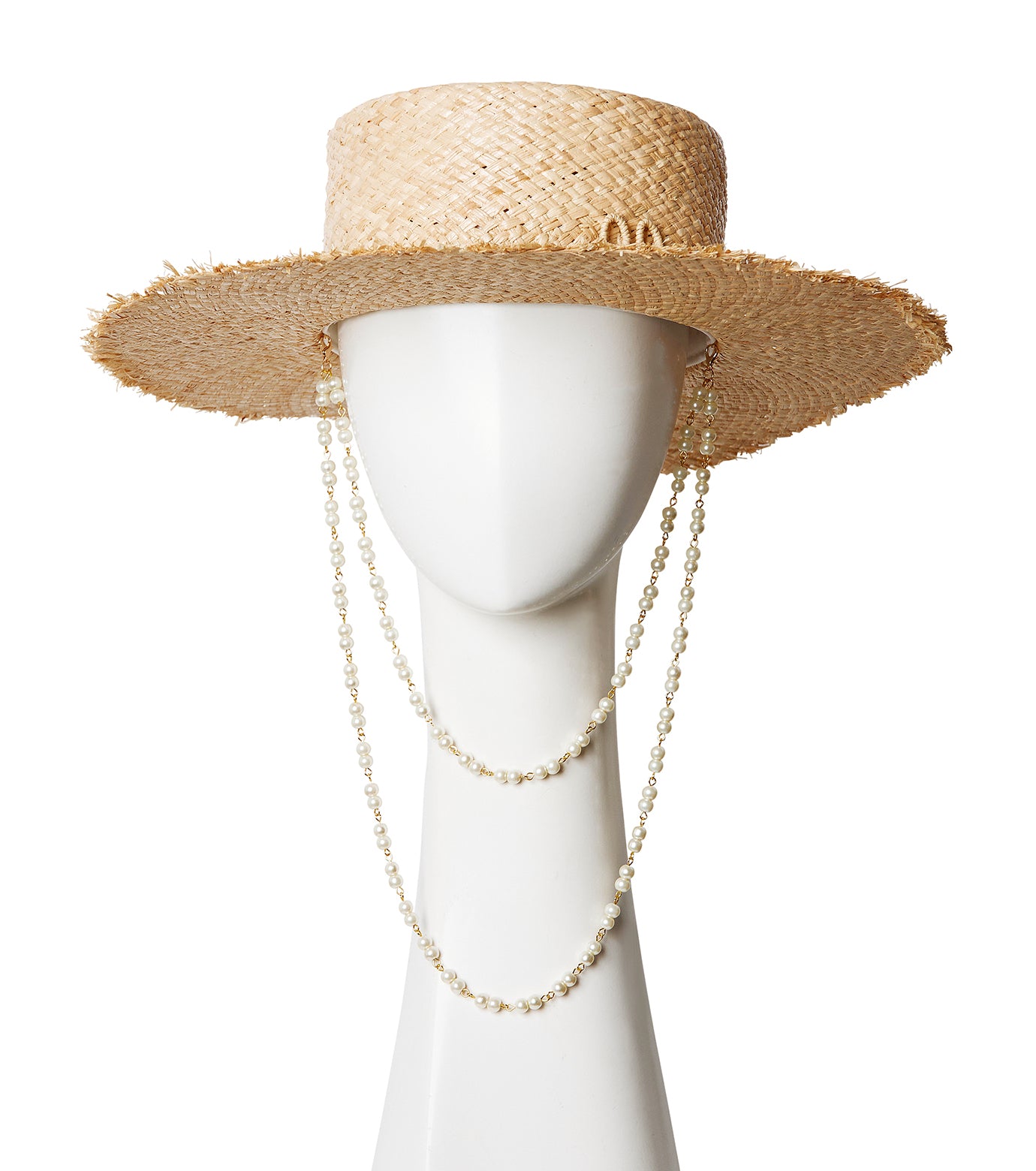 Pearl Chain Frayed Brim Canotier Hat